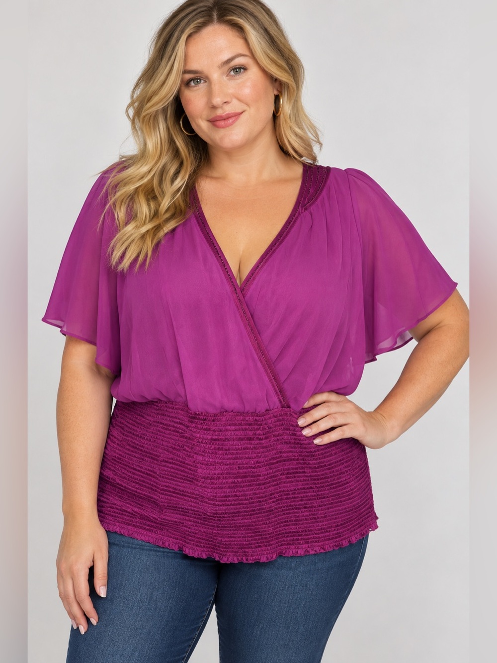 White House Black Market Purple Wrap-Front Blouse with Smocked Waist
